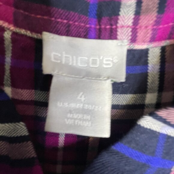 Chico's Women's Plaid  Flannel Top Size 4‎ (20/22) Ruffled Velvet Trim Collar - Picture 11 of 16